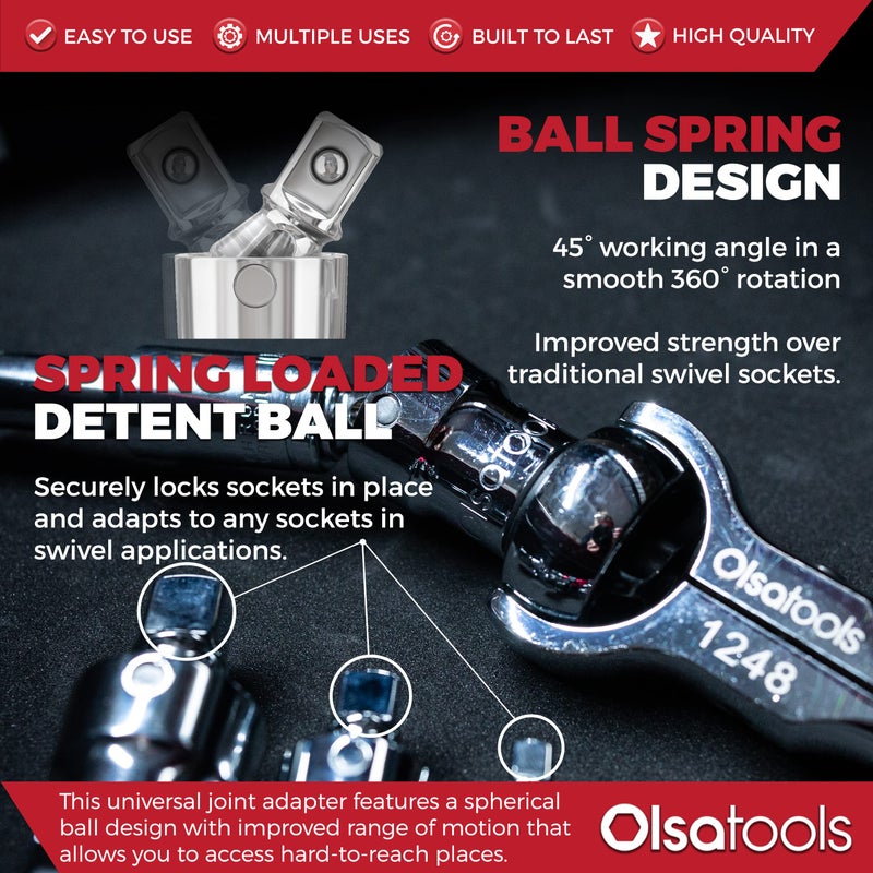 Olsa Tools مجموعة مفاصل عالمية من أولا للأدوات - 3 قطع 1/2"، 3/8" و 1/4" - مجموعة مفاتيح مفصلية دوارة مع سكة ألمنيوم - محولات مفاتيح كروية وزاوية - الجزء 1243 - Image 4
